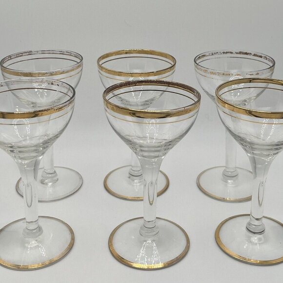 Vintage 60s MCM Glass Pitcher Brass Bottom With 6 Coupe Glasses W/ Gold Trim - Picture 7 of 9